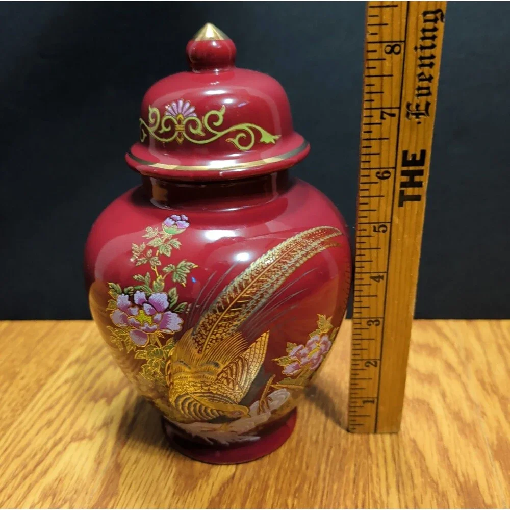 Vintage Japanese Red Porcelain Ginger Jar Golden Pheasant Peony Gold Gilt